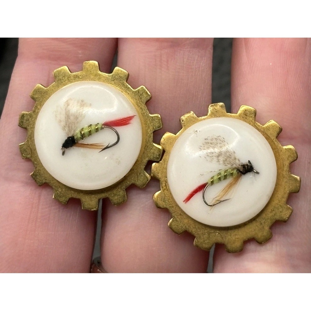 Vintage PL Industrial Colorado Fly Fishing Lure Cufflinks Gold Tone Lucite Dome